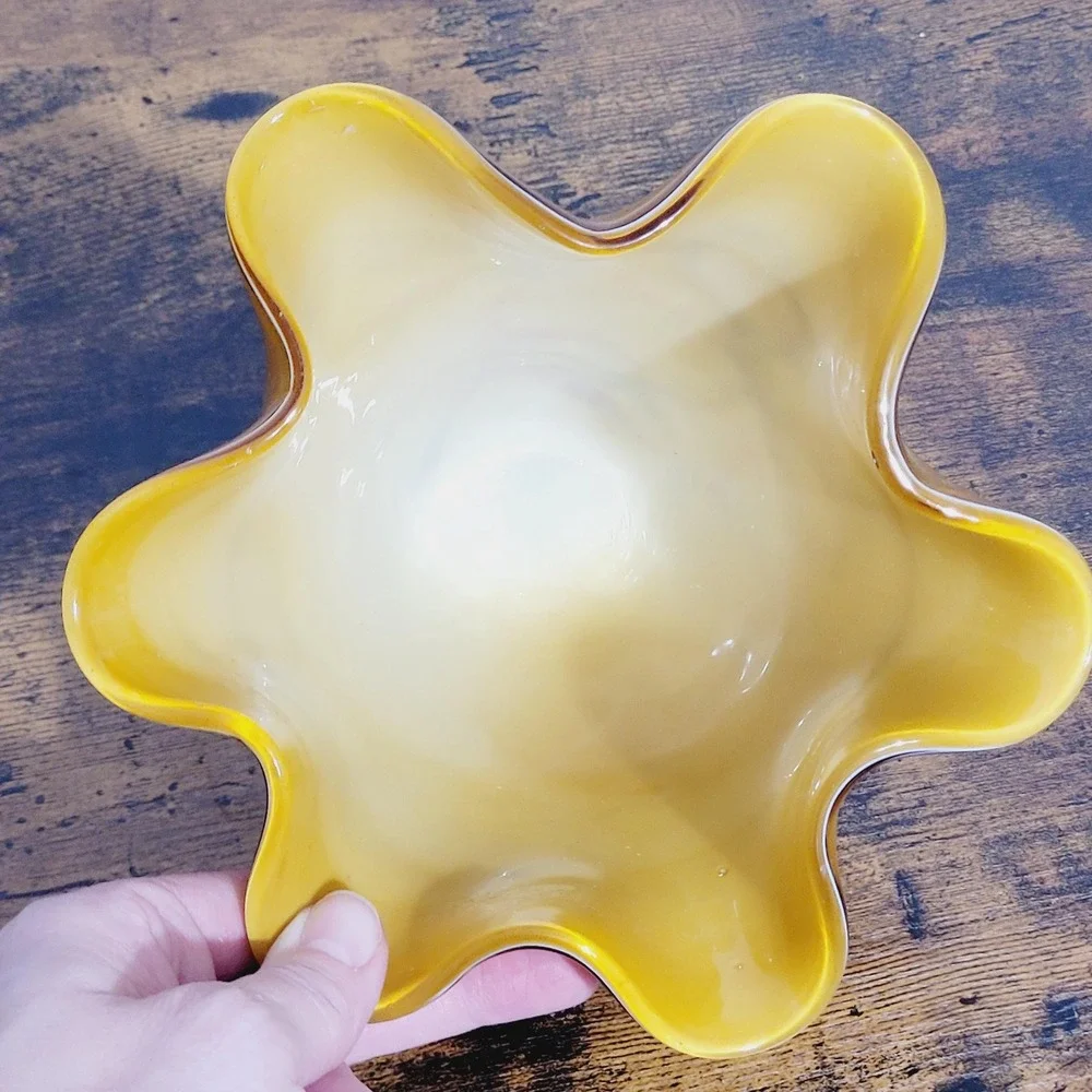 Yellow Art Glass Fluted Handkerchief Vase Art Glass Art Deco Yellow Red‎ Black